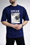 Men's Modern Summer Themed Speak Text Printed Crew Neck Navy Blue T-Shirt - 2