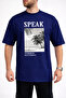 Men's Modern Summer Themed Speak Text Printed Crew Neck Navy Blue T-Shirt