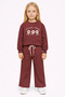 Crew Neck Daisy Embroidered Burgundy Color Girls' Tracksuit Set