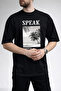 Men's Modern Summer Themed Speak Text Printed Crew Neck Black T-Shirt - 2