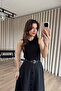 Black Skirt with Button Detail and Belted Poplin Dress - 2