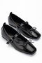 Women's Black Wrinkled Patent Leather Strappy Buckle Mustache Bow Casual Shoes