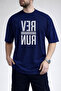Men's Run Text Printed Wavy Letter Design Crew Neck Navy Blue T-Shirt - 3