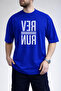 Men's Run Text Printed Wavy Letter Design Crew Neck Cobalt Blue T-Shirt - 3