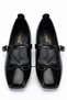 Women's Black Wrinkled Patent Leather Strappy Buckle Mustache Bow Casual Shoes - 3