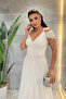 Glitter Fabric Boat Neck Evening Dress - White - 4