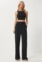 Women's Black High Waist Pleated Wide Leg Palazzo Pants with Pockets and Velcro Closure at the Waist - 2