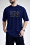 Men's Abstract Linear Design Crew Neck Navy Blue T-Shirt - 3