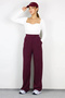Women's Burgundy High Waist Pleated Wide Leg Palazzo Pants with Pockets and Velcro Closure at the Waist - 4