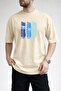 Men's Three Block Palm Print Crew Neck Beige T-Shirt - 3