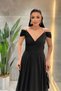 Silvery Fabric Boat Neck Evening Dress - Black - 3