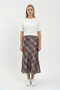 Midi Length Brown Plaid Satin Skirt - 3