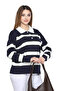 Women's Navy Blue Striped Polo Collar Buttoned Long Sleeve Oversize Soft Textured Knitwear Sweater - 7