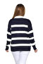 Women's Navy Blue Striped Polo Collar Buttoned Long Sleeve Oversize Soft Textured Knitwear Sweater - 3