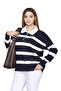 Women's Navy Blue Striped Polo Collar Buttoned Long Sleeve Oversize Soft Textured Knitwear Sweater - 6