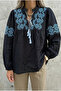 Women's Black Collared Blouse with Tassels and Gathered Ankles, Embroidered Cotton Blouse