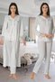 Women's Ecru Long Sleeve Elegant Lace Buttoned Cotton Maternity Effortless Dressing Gown Pajama Set - 4