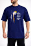 Men's Geometric Curved Line Printed Crew Neck Navy Blue T-Shirt