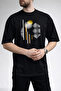 Men's Geometric Curved Line Printed Crew Neck Black T-Shirt - 2