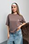 Women's Crew Neck Embroidered Bow 2-Thread T-Shirt Light Brown - 26Y 26601 - 3