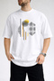Men's Geometric Curved Line Printed Crew Neck White T-Shirt