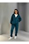 Women's 3 Threaded Hooded Zippered Petrol Sweatshirt-Sweatpants 2-Piece Set