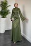 Evening Dress with Baguette Stones on the Sleeves and Waist Khaki