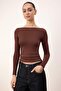 Wardrobe Essentials Kahverengi Yumuşak Dokulu Kayık Yaka İnce Triko Kazak TWOAW26KZ00293 - 3