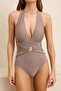 Brown Glittery Cast-On Accessory Leather N V-Neck Covered Regular Swimsuit Tbess26Ma00021 - 4