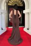 Atlas Fabric Strapless Shawl Detailed Evening Dress - Brown - 5