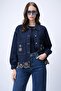 Navy Blue Double Pocket Button Closure Ethnic Embroidered Oversize Jean Jacket - 2