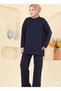 Women's Islamic Clothing Modal Fabric Self-Line Detailed Crew Neck Tunic Bottom Top Set Navy Blue - 5