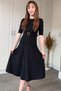 Short Sleeve Belted Skirts Flared Midi Black Dress - 6