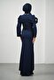 Navy Blue Collar with Stone Detail Folded Shoulder Evening Dress Draped - 5