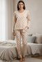 Teddy Bear Patterned Powder Waffle Pajama Set Women's Premium Long Sleeve Comfortable Home Wear