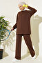 Women's Islamic Clothing Modal Fabric Crew Neck Tunic Top and Bottom Set Brown - 5