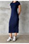 Women's Navy Blue Crew Neck Stretchy Long Dress - 7