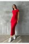 Women's Red Crew Neck Stretchy Long Dress - 3