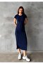 Women's Navy Blue Crew Neck Stretchy Long Dress - 3