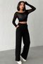 Women's Viva Black Studded Modal Fabric Wide-Leg Drawstring Waist High-Waist Trousers - 2