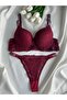 Women's Burgundy Lace Stoned Underwire Supported Padded Push up Bra Set Underwear Set