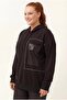 Women's Plus Size Leather Pocket Detailed Stone Embellished Black Sweatshirt - 3