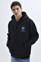 Unisex Oversize Wide Cut Cotton Soft Textured Fleece Inside Printed Black Hooded Sweatshirt - 2