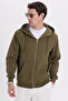 Unisex Relax Fit Comfortable Cut Cotton Fleece Inside Double Pockets Full Zipper Khaki Hooded Sweatshirt - 6