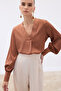 V-Neck Satin Blouse - Brown - 6