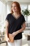 Women's Plus Size Black Blouse with Colorful Embroidered Sleeves and Collar - 3