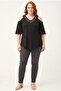 Women's Plus Size Front and Back V-Neck Stone Detailed Spanish Sleeve Black Blouse - 8