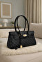 Women's Monogram Black Leather Belted Charm Detailed Covered Hand and Shoulder Bag 16X30 cm Pera - 2