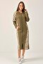 Women's Khaki Printed Zippered Women's Overcoat Dm452