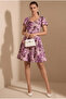 Women's Square Neck Sublimated Printed Pleated Front Mini Dress-Lilac Printed - 4